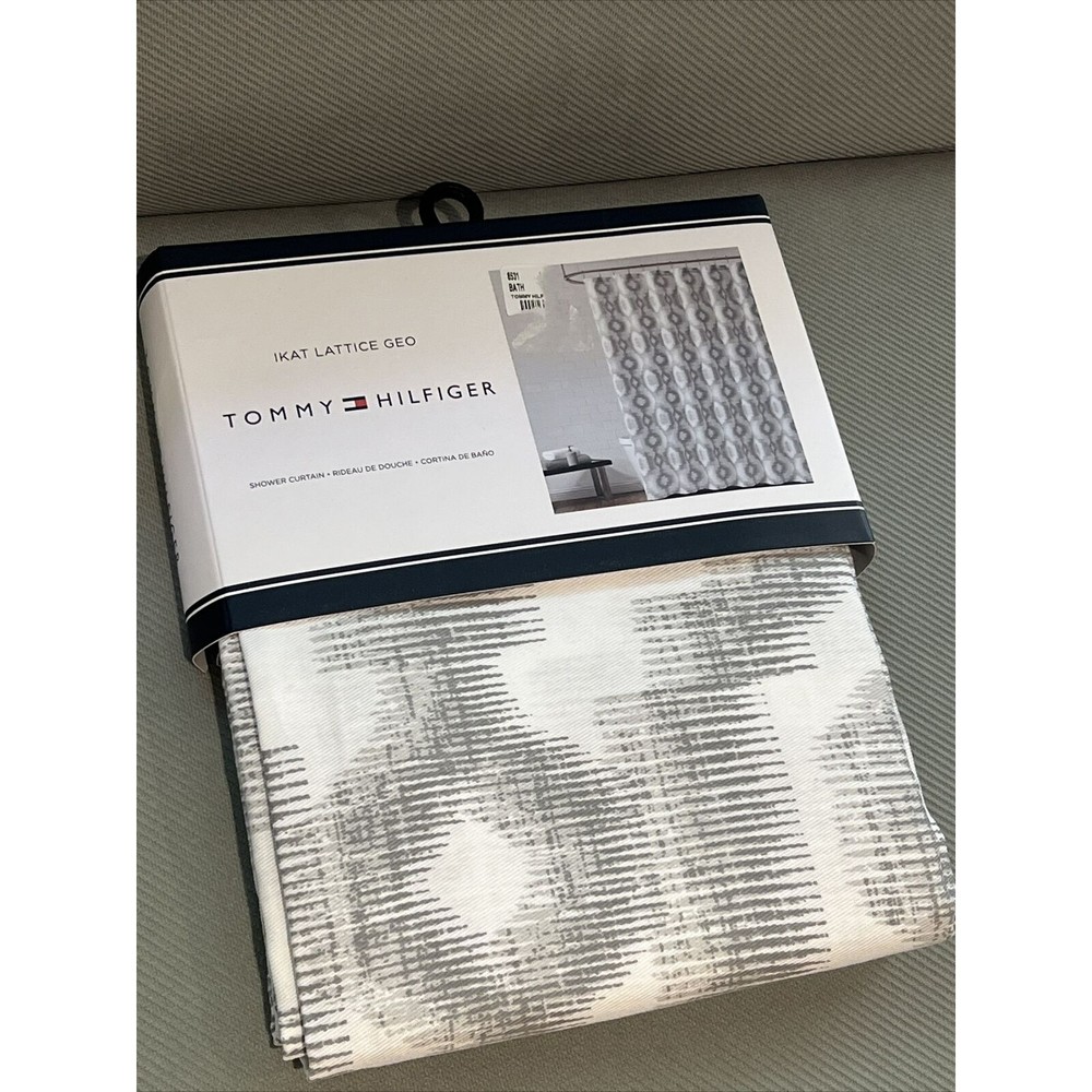 Tommy Hilfiger Shower Curtain Abstract Geometric White Gray Ikat Lattice Geo New